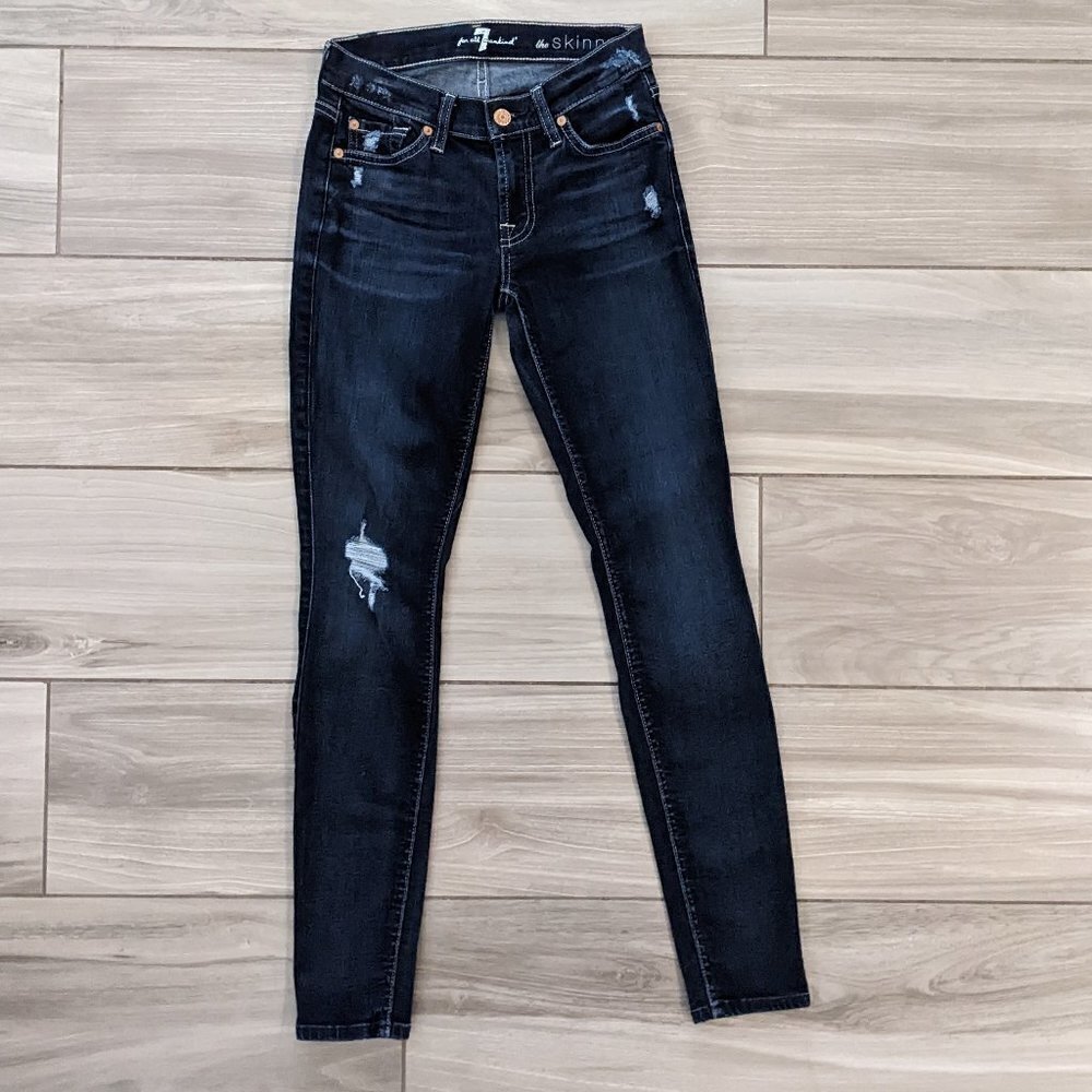 7 For All Mankind The Skinny Distressed Dark Wash Jeans